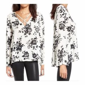 Lush Black and White Floral Blouse With Criss Cross Neckline NWT